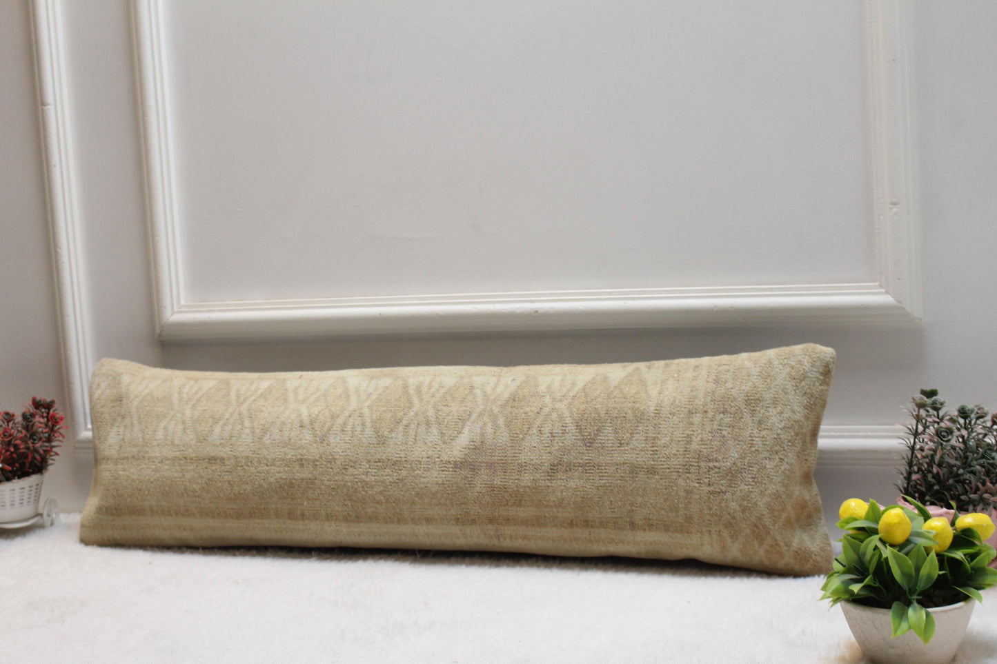 Handmade Beige Kilim Lumbar Pillow Cover – Turkish Tribal Print 8x36”