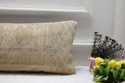Handmade Beige Kilim Lumbar Pillow Cover – Turkish Tribal Print 8x36”