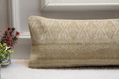 Handmade Beige Kilim Lumbar Pillow Cover – Turkish Tribal Print 8x36”