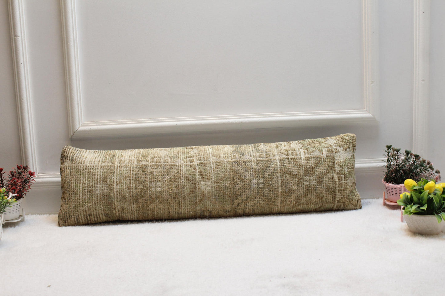 Olive Green Kilim Lumbar Pillow Cover – 8x36" Turkish Woven Cushion