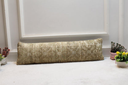 Olive Green Kilim Lumbar Pillow Cover – 8x36" Turkish Woven Cushion