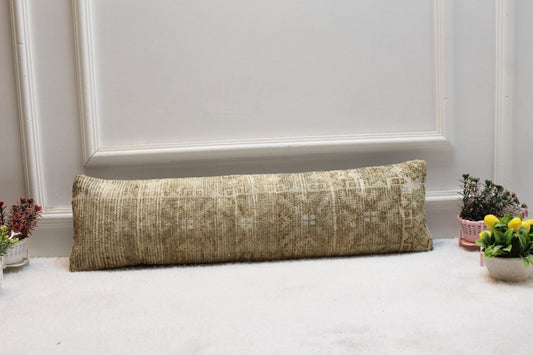 Olive Green Kilim Lumbar Pillow Cover – 8x36" Turkish Woven Cushion