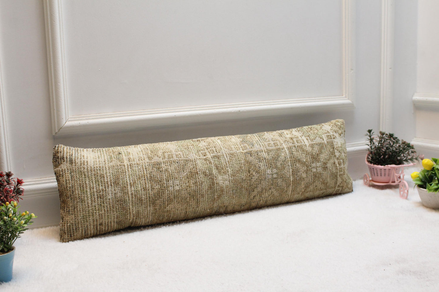 Olive Green Kilim Lumbar Pillow Cover – 8x36" Turkish Woven Cushion