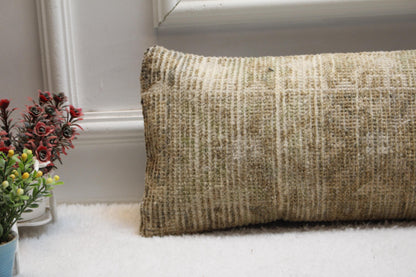 Olive Green Kilim Lumbar Pillow Cover – 8x36" Turkish Woven Cushion