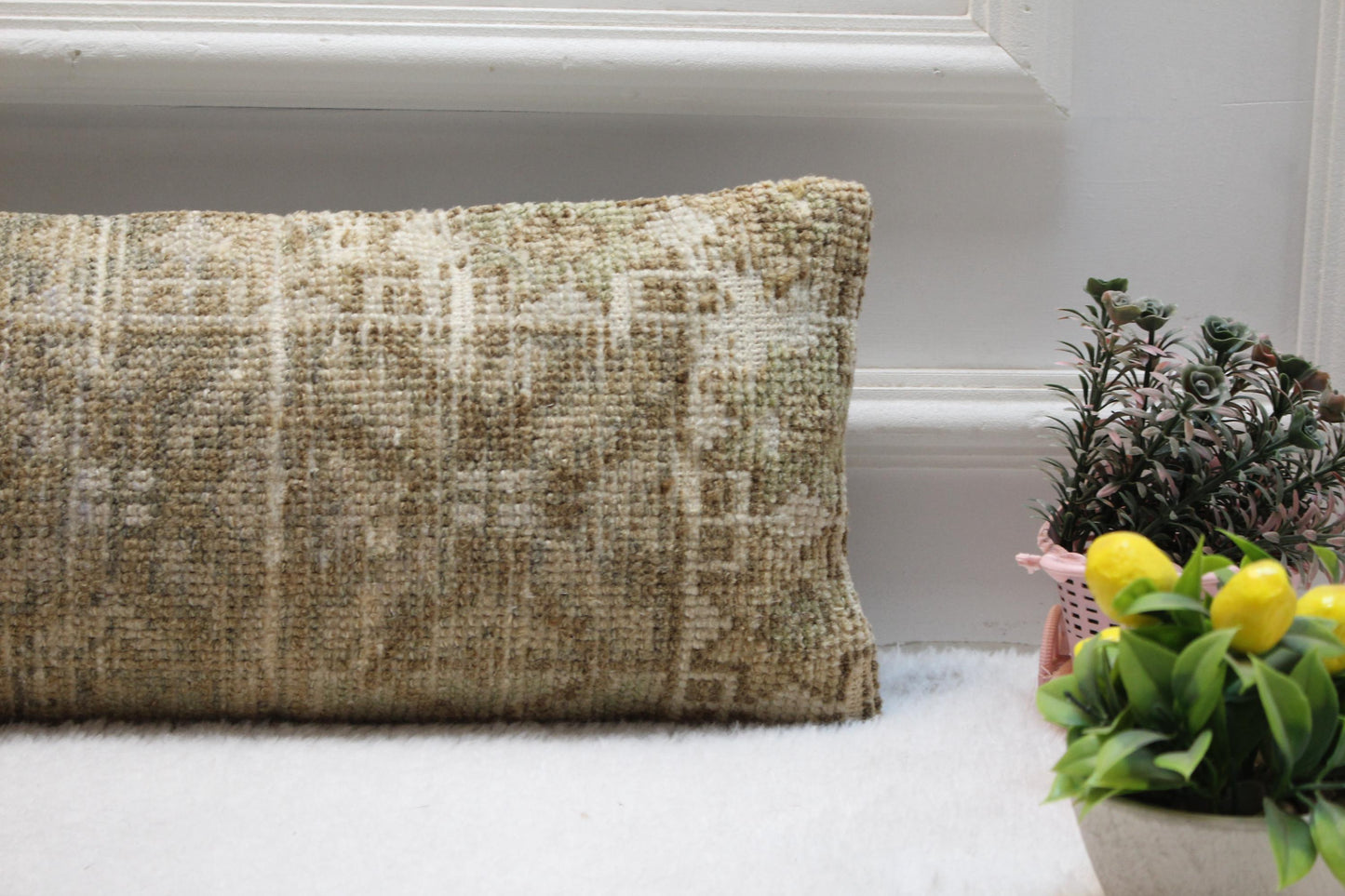 Olive Green Kilim Lumbar Pillow Cover – 8x36" Turkish Woven Cushion