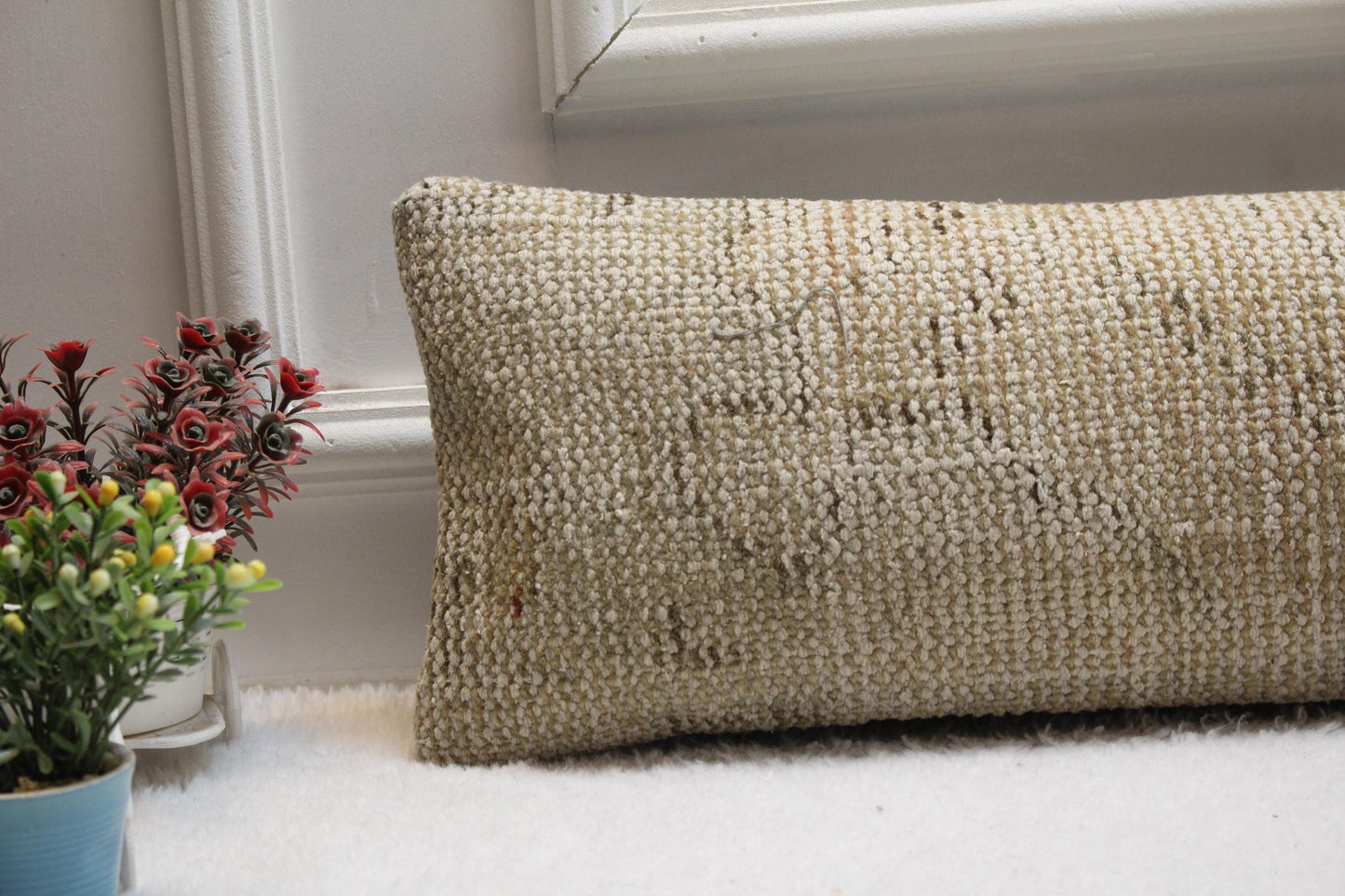 Vintage Turkish Kilim Lumbar Pillow Cover – 8x36 Beige Rug Cushion