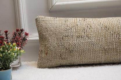 Vintage Turkish Kilim Lumbar Pillow Cover – 8x36 Beige Rug Cushion