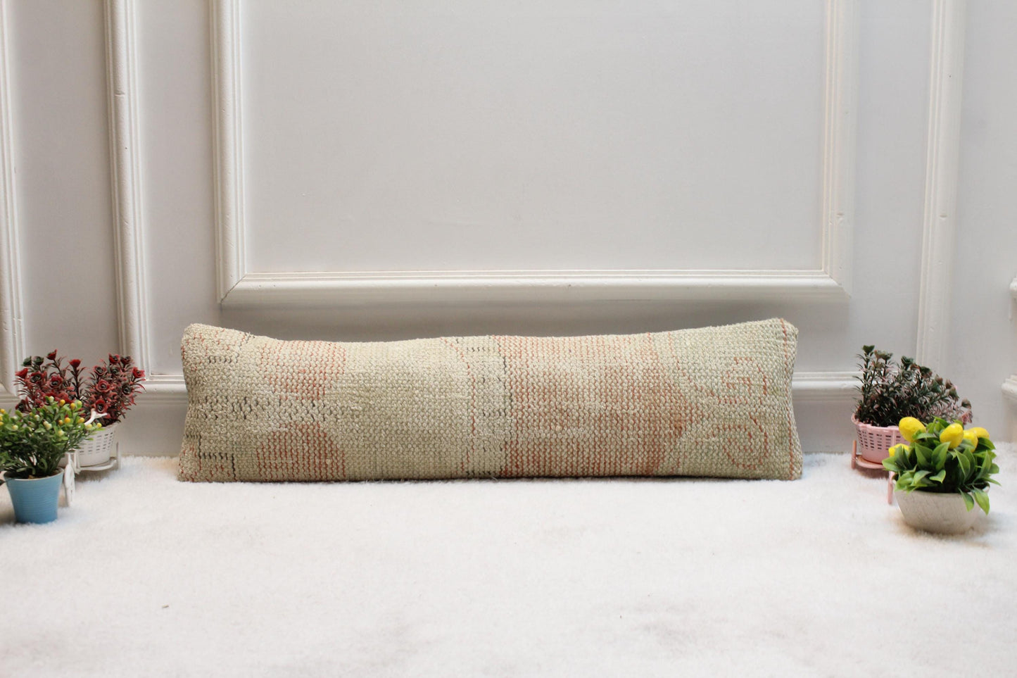 Handwoven Turkish Kilim Lumbar Pillow – Pale Pink & Cream, 8x36”