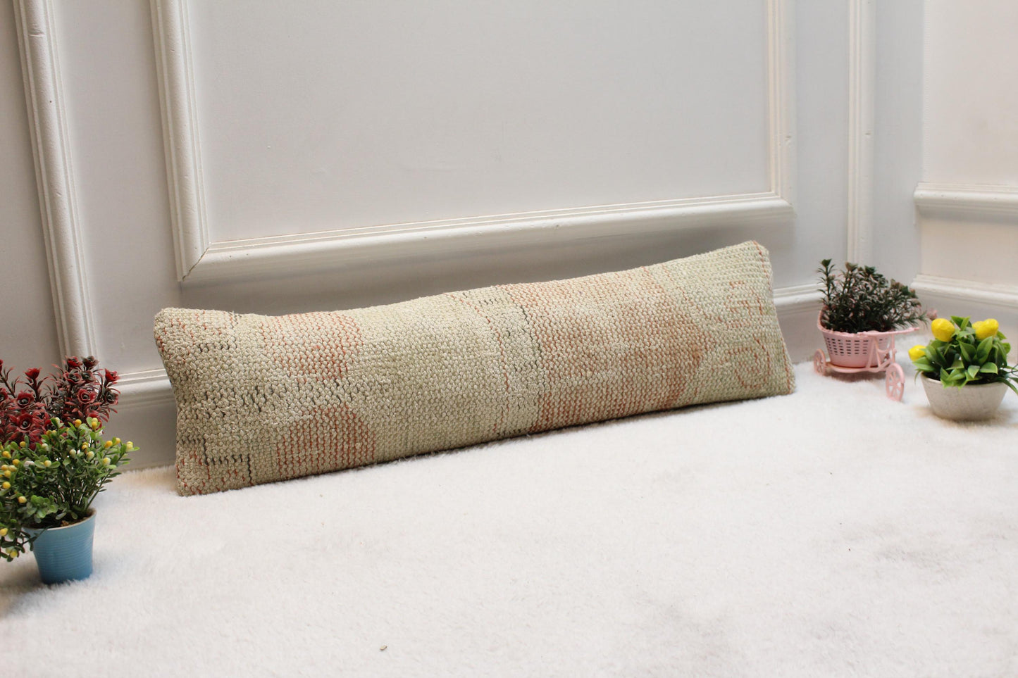 Handwoven Turkish Kilim Lumbar Pillow – Pale Pink & Cream, 8x36”