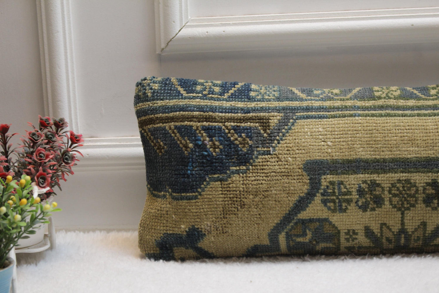 Artisan Turkish Kilim Pillow –  Vintage Lumbar Cushion, Olive & Blue Geometric Weave