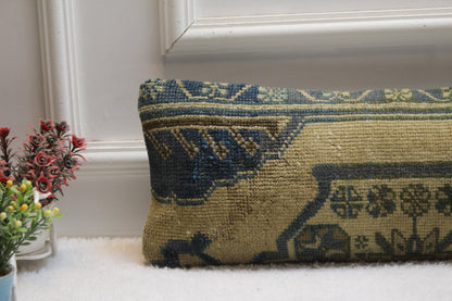Artisan Turkish Kilim Pillow –  Vintage Lumbar Cushion, Olive & Blue Geometric Weave