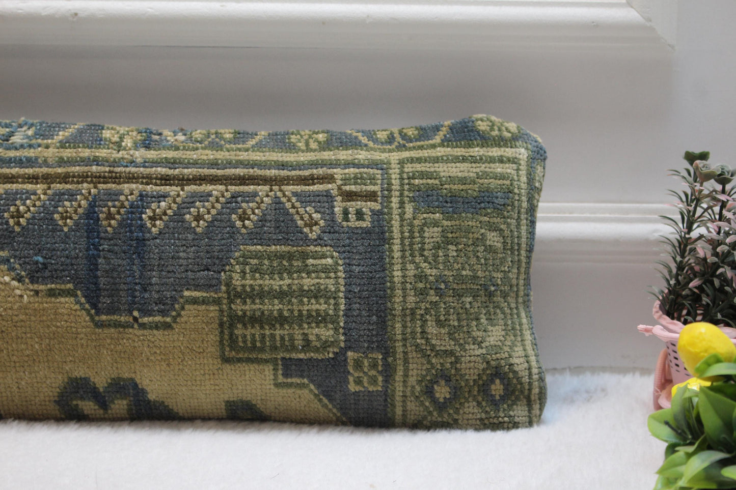 Artisan Turkish Kilim Pillow –  Vintage Lumbar Cushion, Olive & Blue Geometric Weave