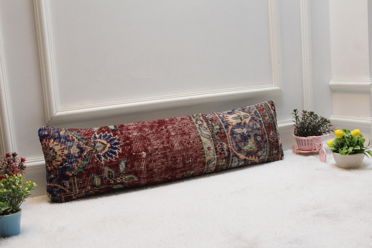 Handwoven Turkish Kilim Lumbar Pillow – 8x36" Vintage Oriental Cushion