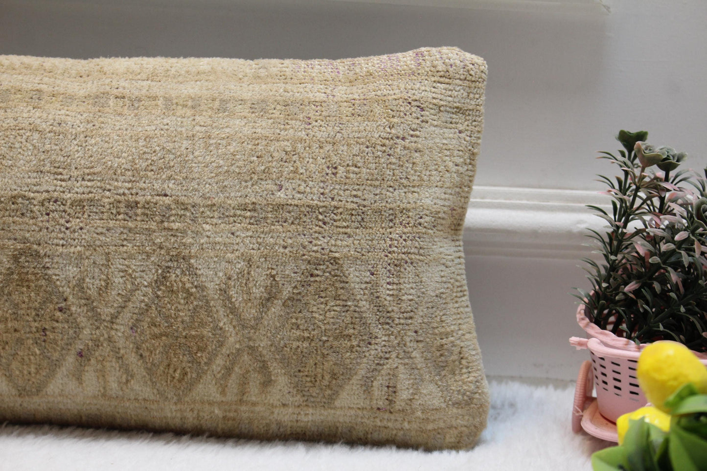 Boho Kilim Lumbar Pillow Cover – 8x32 Beige Geometric Rug Pillow