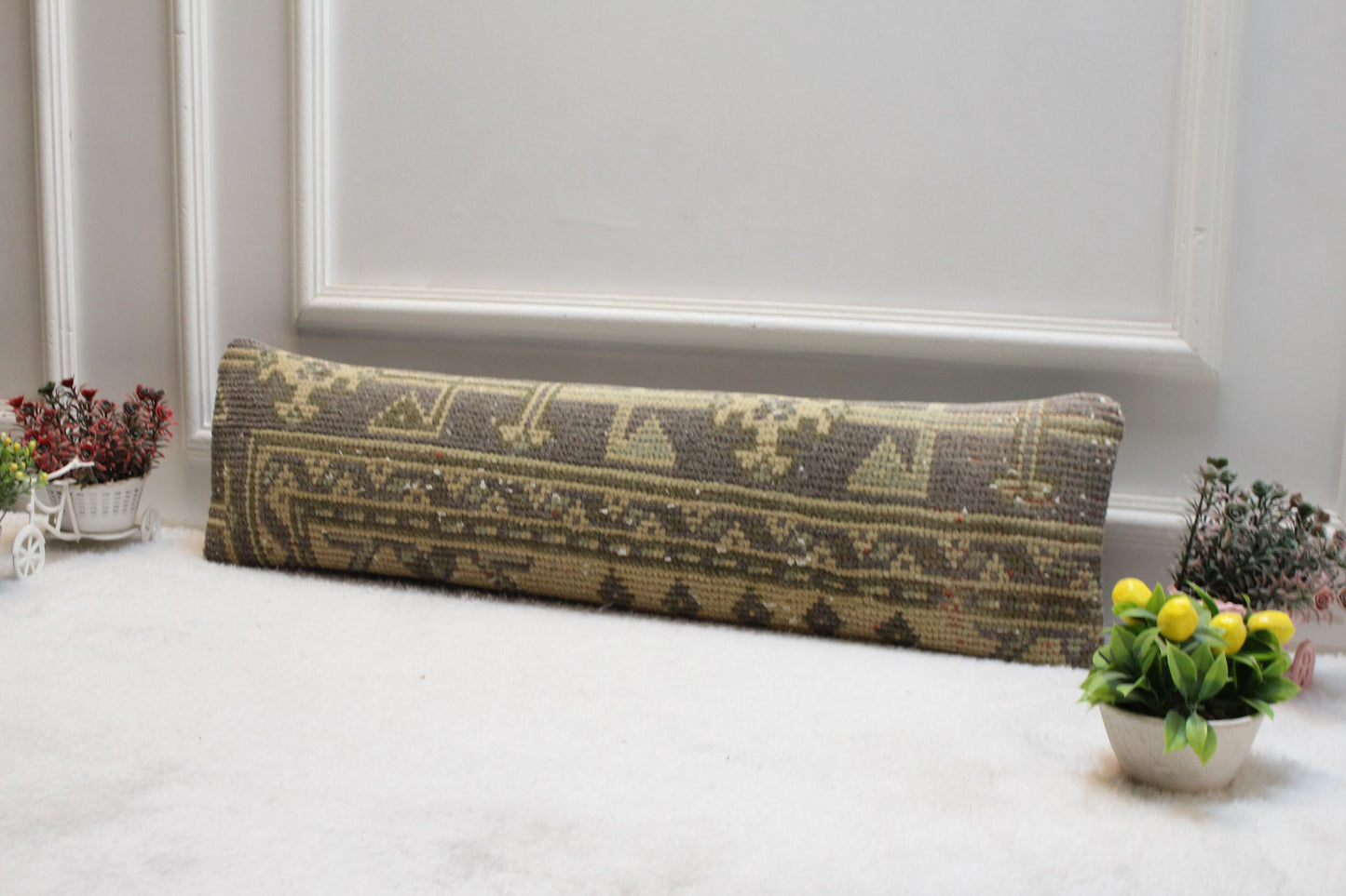 Handmade Wool Lumbar Pillow Cover: Geometric Anatolian Design, 8x36 inch
