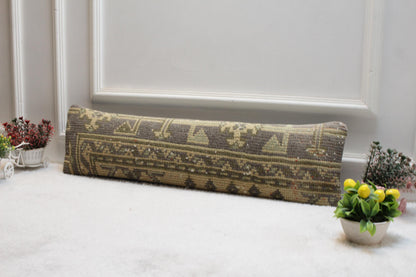 Handmade Wool Lumbar Pillow Cover: Geometric Anatolian Design, 8x36 inch