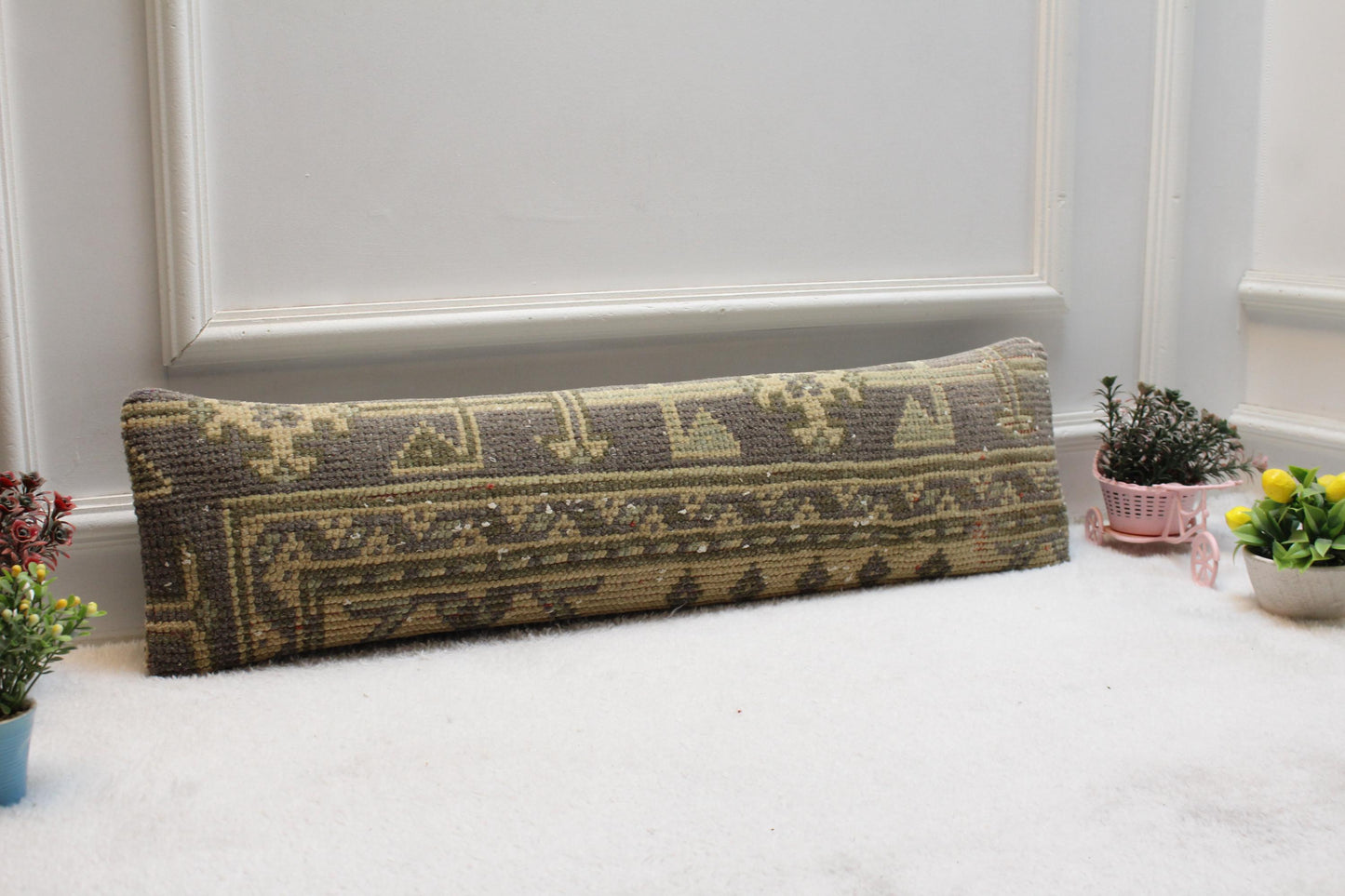 Handmade Wool Lumbar Pillow Cover: Geometric Anatolian Design, 8x36 inch