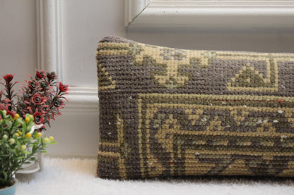 Handmade Wool Lumbar Pillow Cover: Geometric Anatolian Design, 8x36 inch