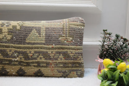 Handmade Wool Lumbar Pillow Cover: Geometric Anatolian Design, 8x36 inch
