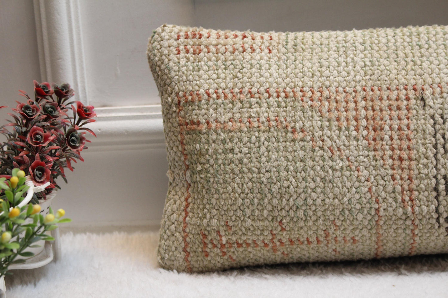 Beige & Orange Turkish Rug Pillow Cover: Vintage Wool Lumbar Pillow