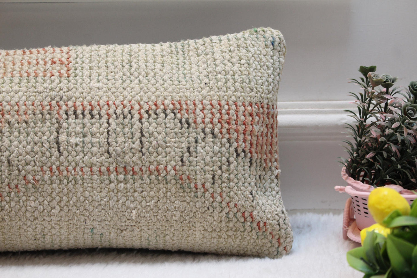 Beige & Orange Turkish Rug Pillow Cover: Vintage Wool Lumbar Pillow