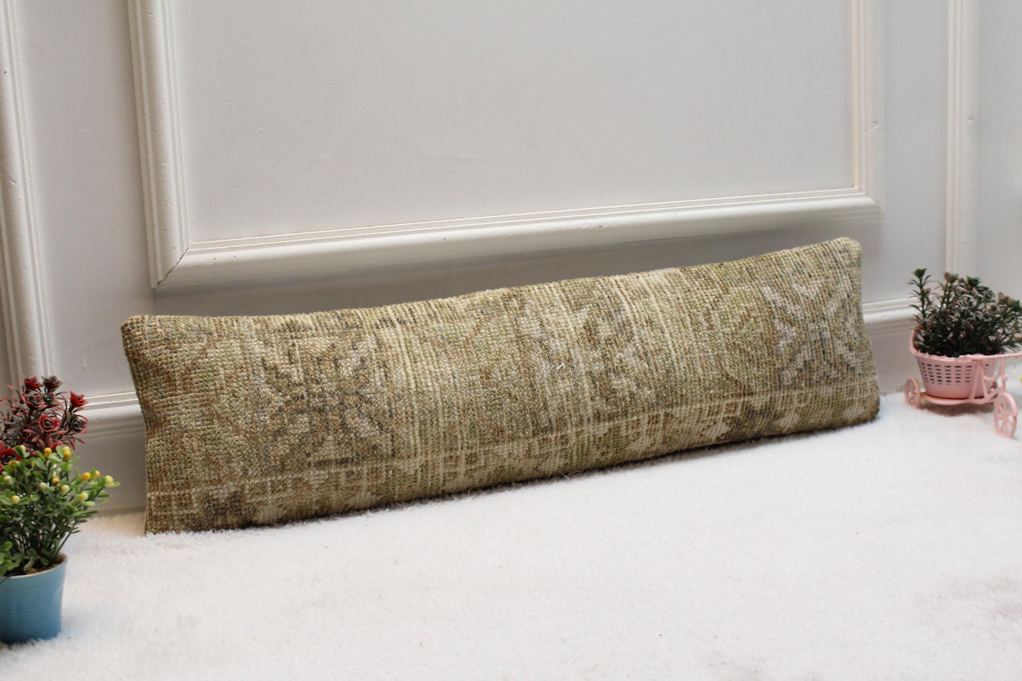 Vintage Turkish Kilim Lumbar Pillow Cover: Upcycled Woven Rug, 8x36 inc