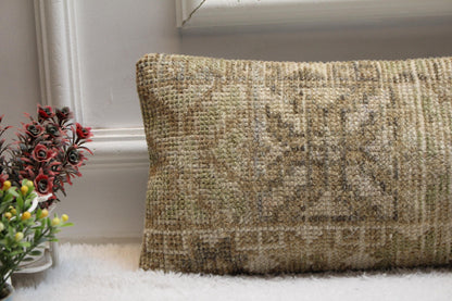 Vintage Turkish Kilim Lumbar Pillow Cover: Upcycled Woven Rug, 8x36 inc