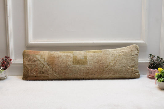 Handmade Lumbar Kilim Pillow Cover: Beige Vintage Turkish Rug, 8x36 inc