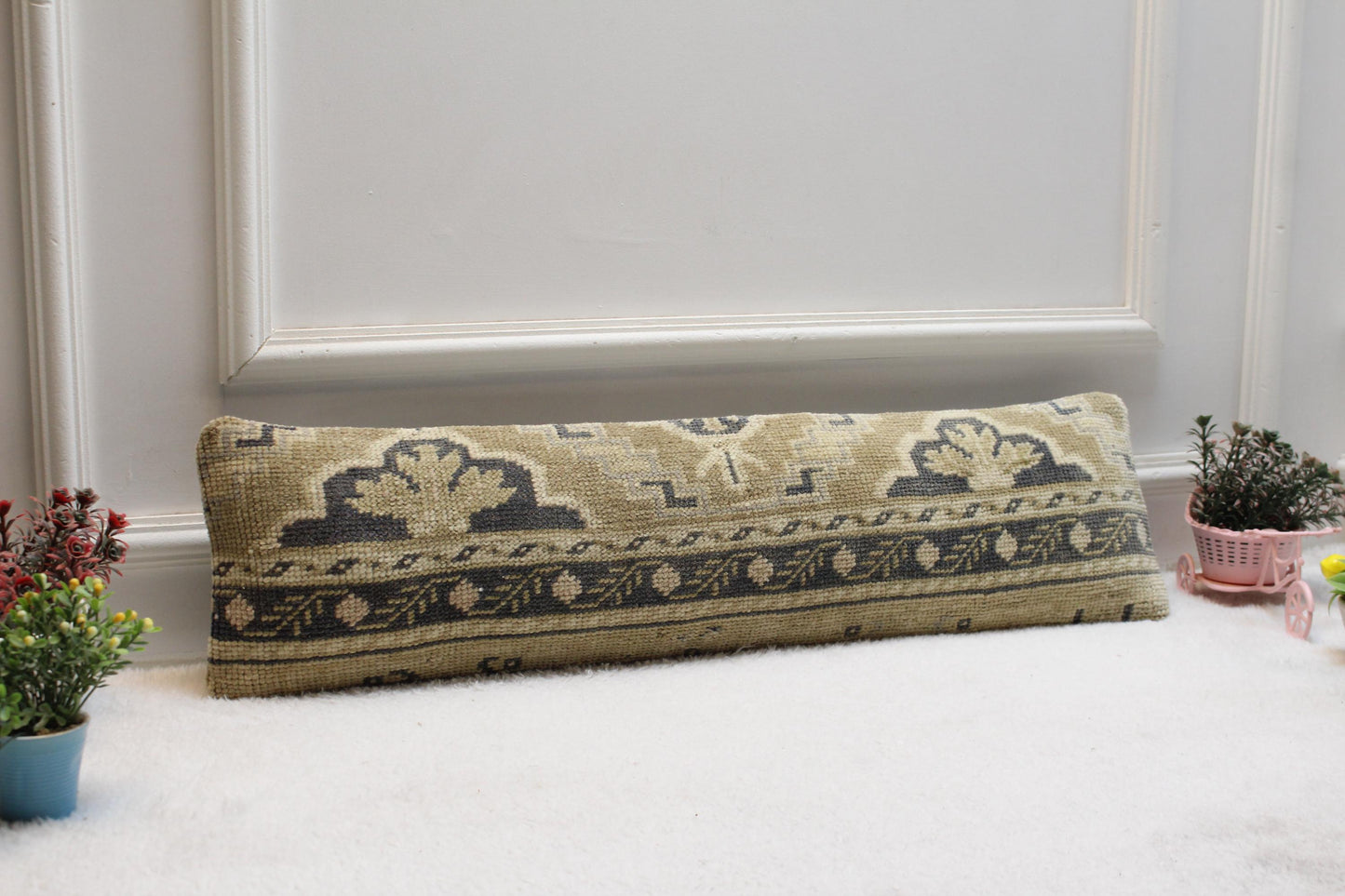Handmade Kilim Lumbar Pillow Cover: Upcycled Woven Rug, 8x36 inch