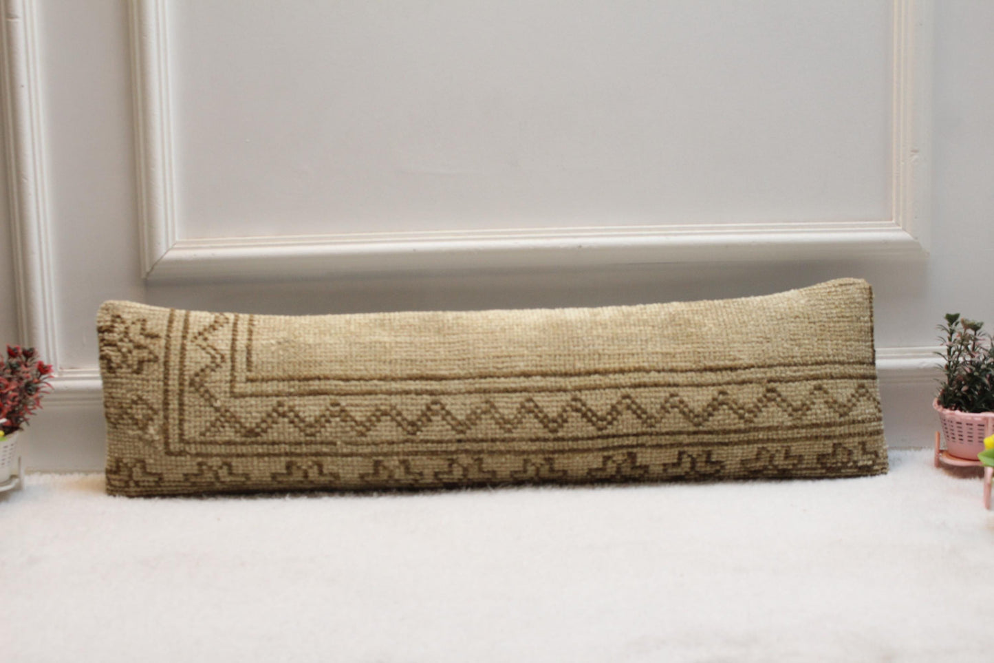 Handmade Turkish Rug Lumbar Pillow Cover: Organic Wool, Vintage Design (8x36 in)