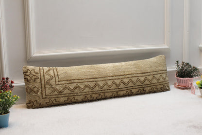 Handmade Turkish Rug Lumbar Pillow Cover: Organic Wool, Vintage Design (8x36 in)