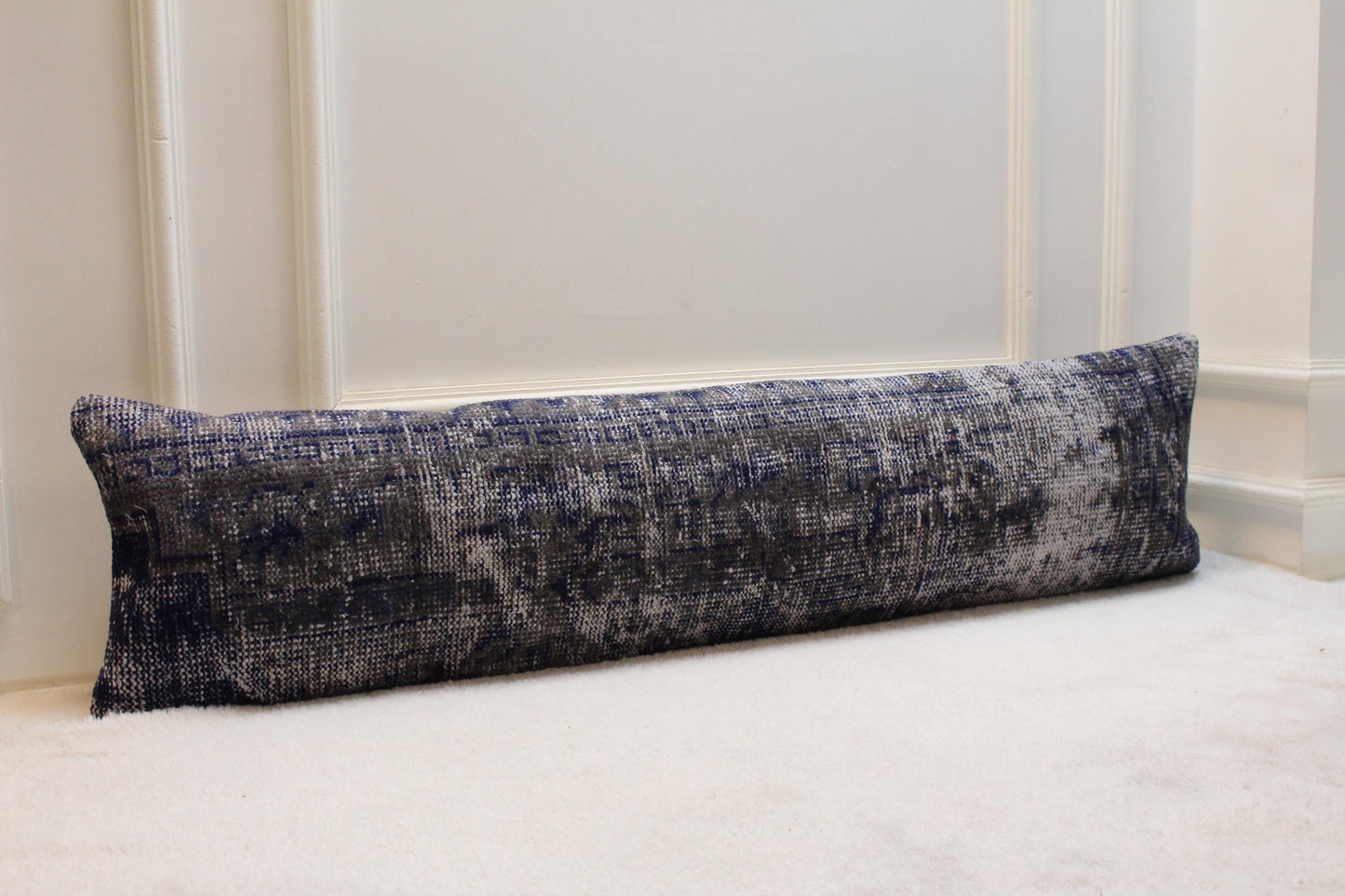 Handmade Kilim Lumbar Pillow Cover: Gray & Blue Woven Rug, 12x48 inch
