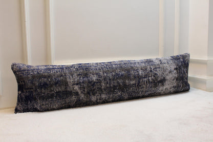 Handmade Kilim Lumbar Pillow Cover: Gray & Blue Woven Rug, 12x48 inch