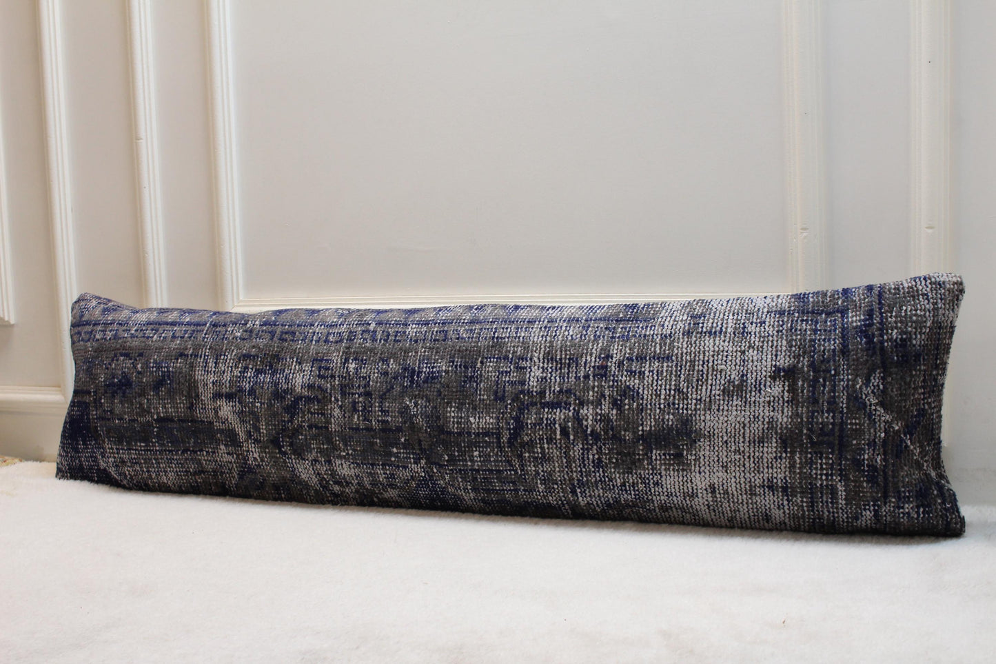 Handmade Kilim Lumbar Pillow Cover: Gray & Blue Woven Rug, 12x48 inch