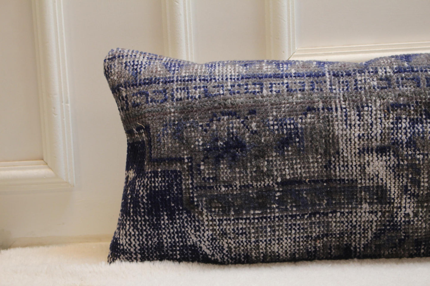 Handmade Kilim Lumbar Pillow Cover: Gray & Blue Woven Rug, 12x48 inch
