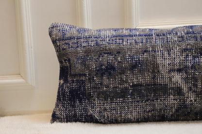 Handmade Kilim Lumbar Pillow Cover: Gray & Blue Woven Rug, 12x48 inch