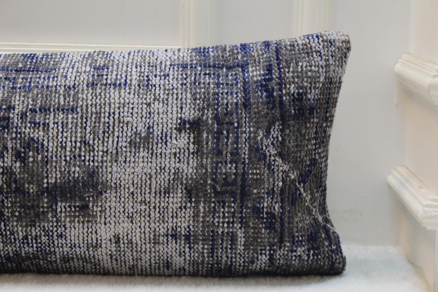 Handmade Kilim Lumbar Pillow Cover: Gray & Blue Woven Rug, 12x48 inch