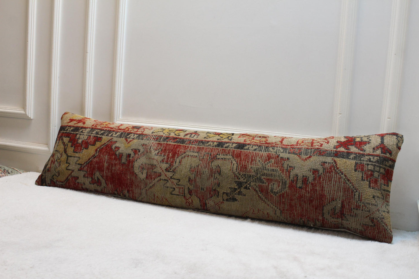 Red Lumbar Pillow Cover: Handmade Turkish Kilim Rug, 12x48 inch