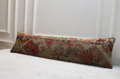 Red Lumbar Pillow Cover: Handmade Turkish Kilim Rug, 12x48 inch