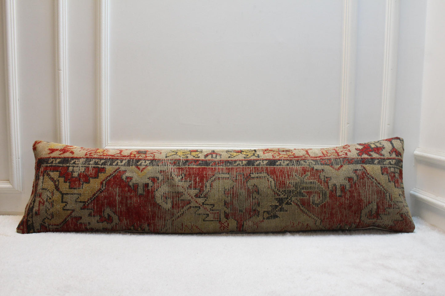 Red Lumbar Pillow Cover: Handmade Turkish Kilim Rug, 12x48 inch