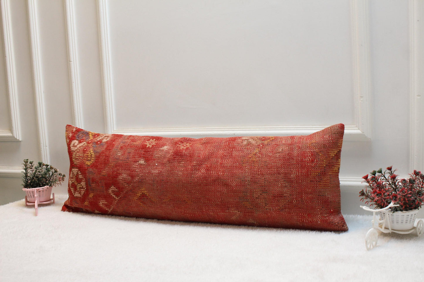 Handmade Red Turkish Kilim Lumbar Pillow: Vintage Wool Cushion (12x36)