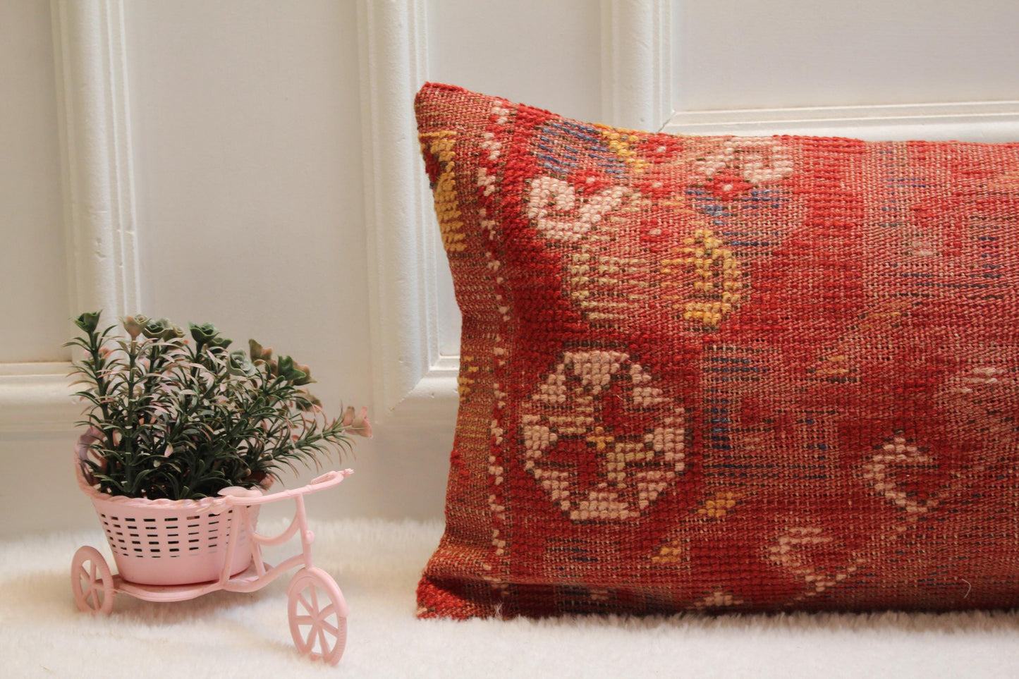 Handmade Red Turkish Kilim Lumbar Pillow: Vintage Wool Cushion (12x36)
