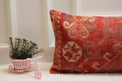 Handmade Red Turkish Kilim Lumbar Pillow: Vintage Wool Cushion (12x36)
