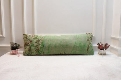Green Turkish Rug Lumbar Pillow: Vintage Handwoven Kilim Cushion (12x36 inch)