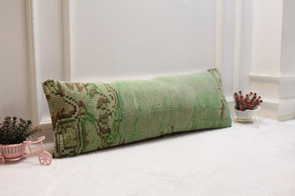 Green Turkish Rug Lumbar Pillow: Vintage Handwoven Kilim Cushion (12x36 inch)