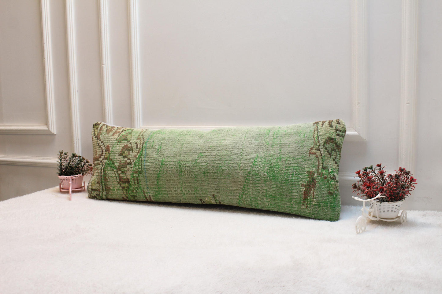 Green Turkish Rug Lumbar Pillow: Vintage Handwoven Kilim Cushion (12x36 inch)