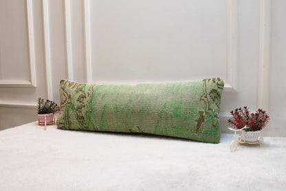 Green Turkish Rug Lumbar Pillow: Vintage Handwoven Kilim Cushion (12x36 inch)