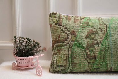 Green Turkish Rug Lumbar Pillow: Vintage Handwoven Kilim Cushion (12x36 inch)