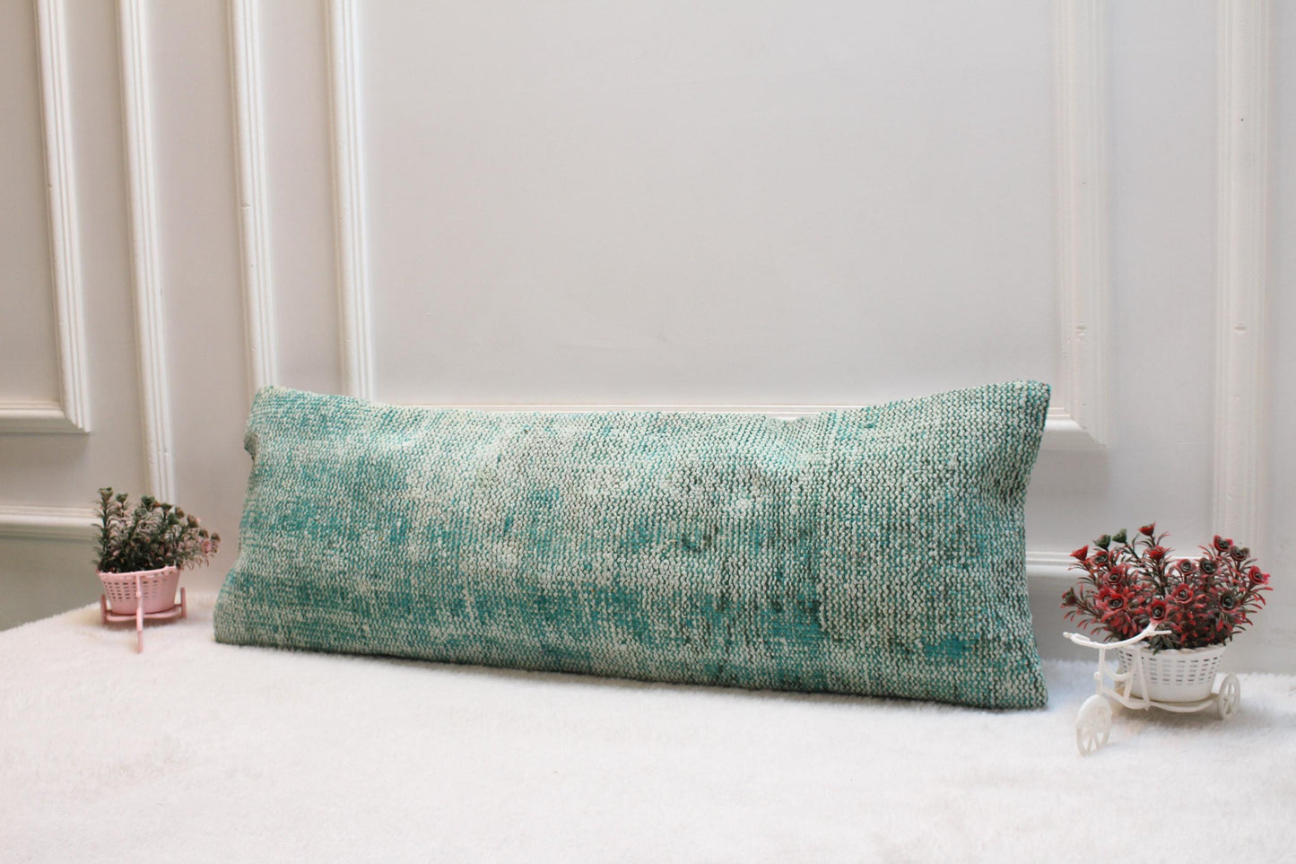 Vintage Turkish Rug Lumbar Pillow: Faded Mint Cream Print, 12x36
