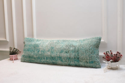 Vintage Turkish Rug Lumbar Pillow: Faded Mint Cream Print, 12x36